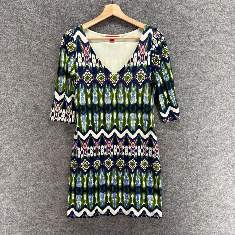 Nicola Antoni Dress Women S Small Blue Geometric Mini Short V-Neck 3/4 Sleeve